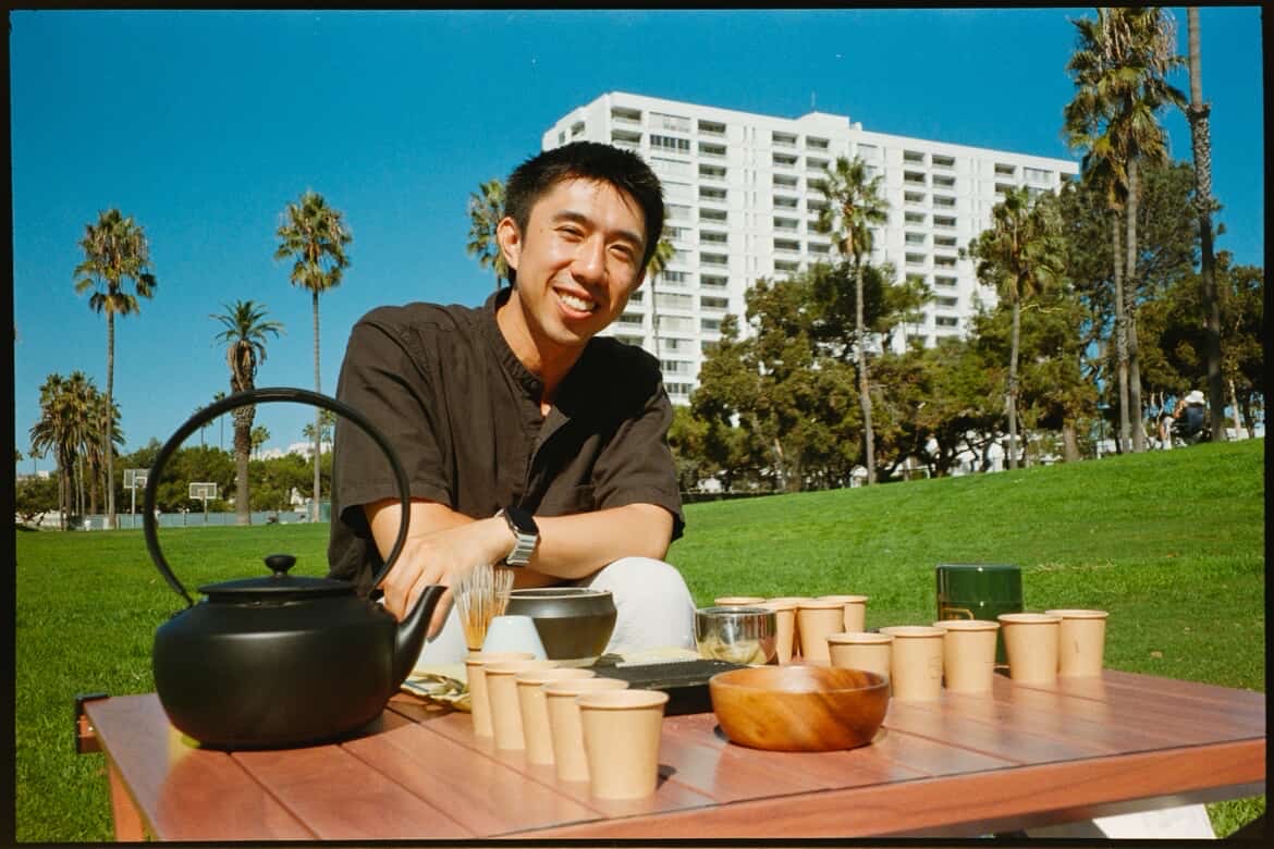 Matcha tasting setup at a park