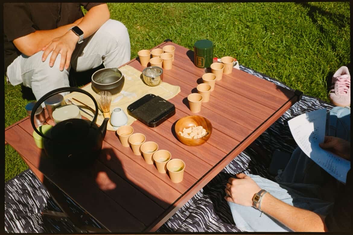 Overhead view of a matcha tasting setup